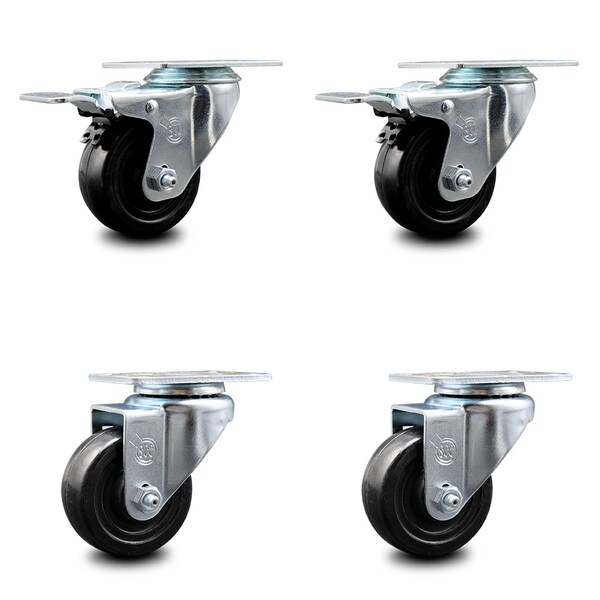 3.5 Inch Hard Rubber Wheel Swivel Top Plate Caster Total Lock Brakes SCC, 2PK